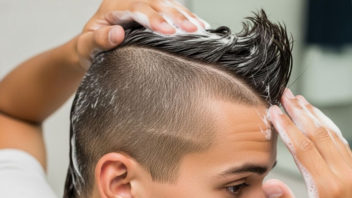 toc-mohawk-19 Người đang tạo kiểu tóc với bọt xà phòng trên tóc ngắn, phần trên để dài hơn, kiểu cắt undercut.