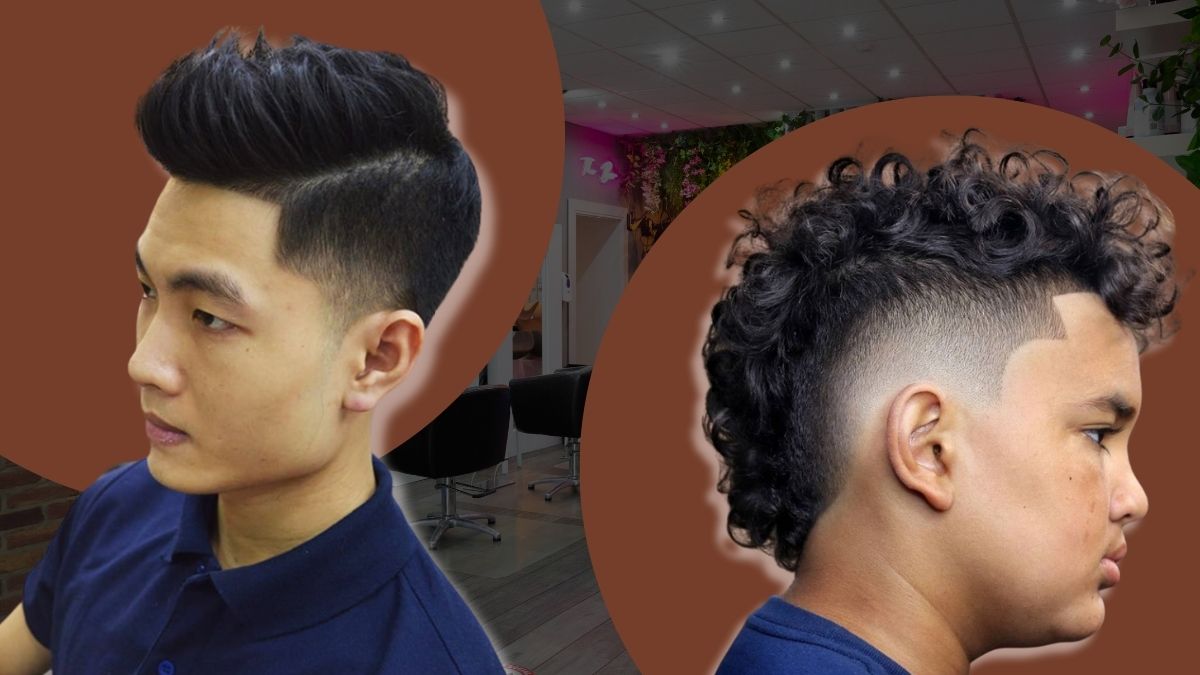 toc-mohawk-2 Hai kiểu tóc nam khác nhau với nền tiệm cắt tóc, một bên tóc ngắn gọn và một bên tóc xoăn dài.