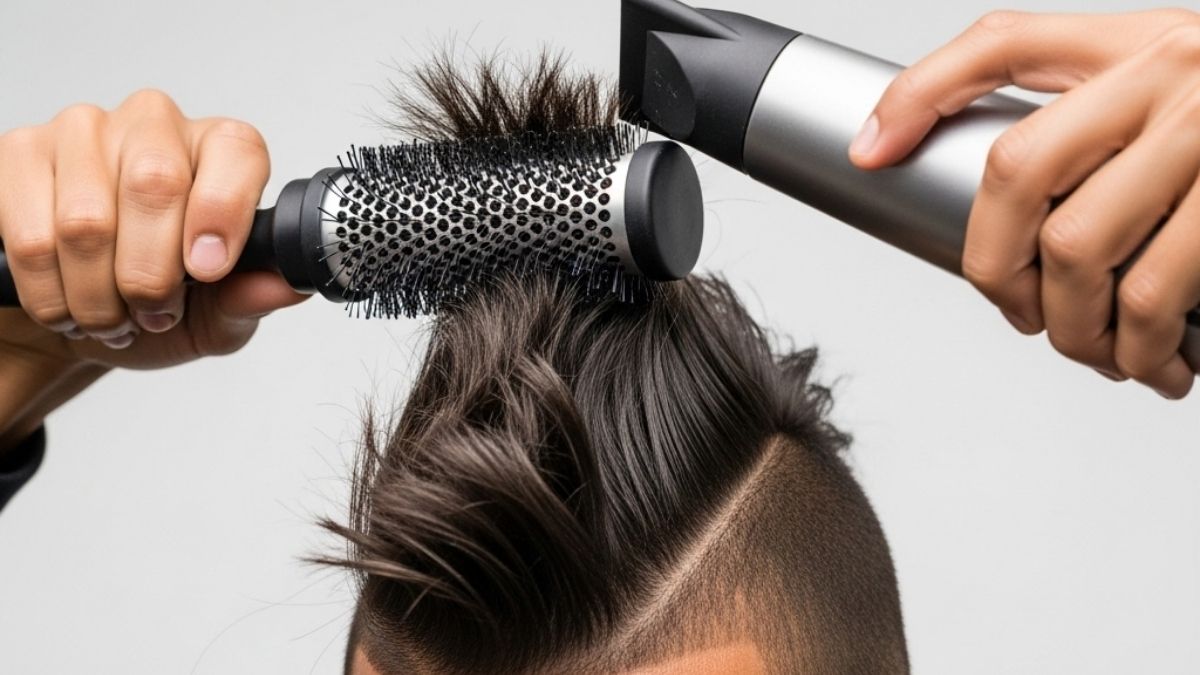 toc-mohawk-20 Người đang sấy tóc với máy sấy và lược tròn, tạo kiểu tóc dựng đứng.