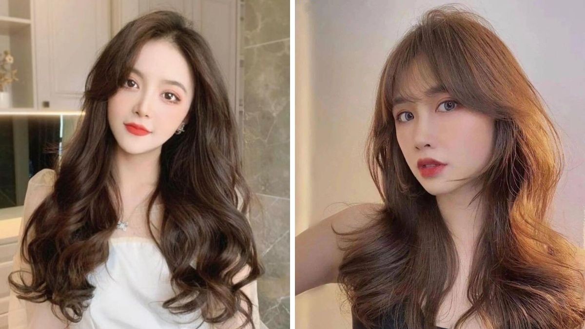 toc-mong-thua-nen-de-kieu-gi-nu-131 Hai người với kiểu tóc xoăn dài và trang điểm nhẹ, đứng trong các khung cảnh khác nhau.
