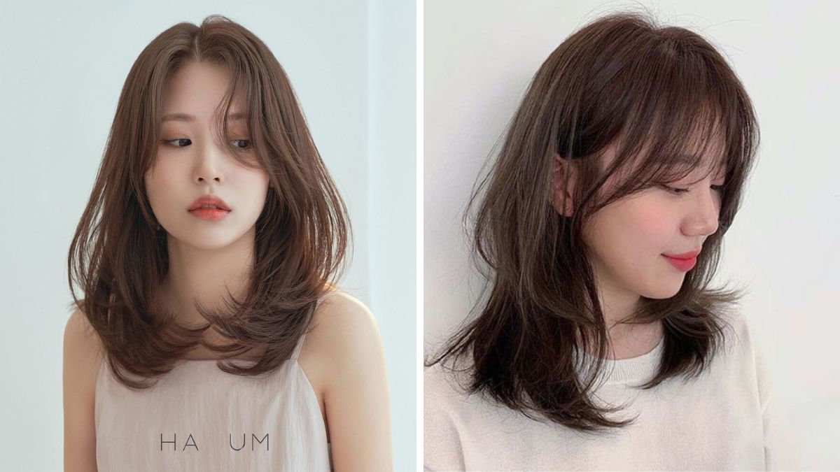 Hai người với mái tóc dài ngang vai, kiểu tóc uốn nhẹ, nền trắng.