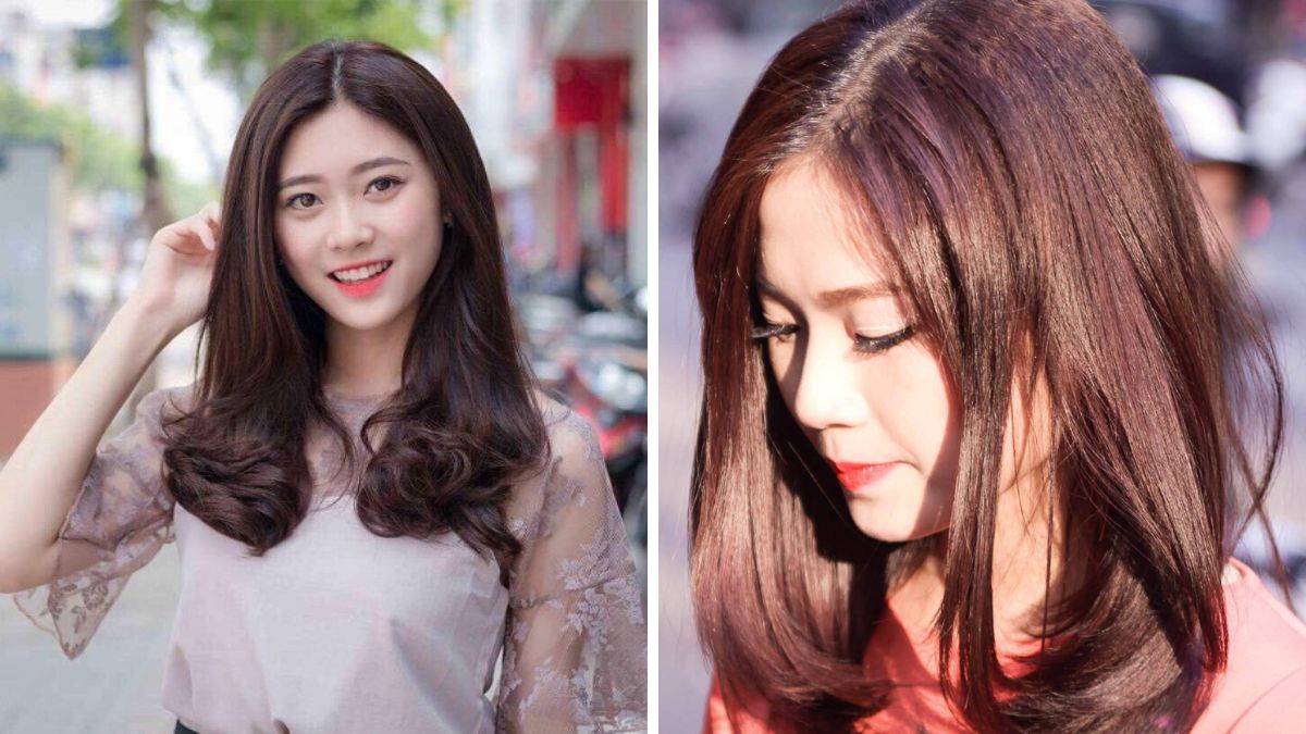 toc-mong-thua-nen-de-kieu-gi-nu-9 Hai người phụ nữ với mái tóc đen dài, một người cười rạng rỡ và người kia nhìn xuống, ánh sáng tự nhiên.