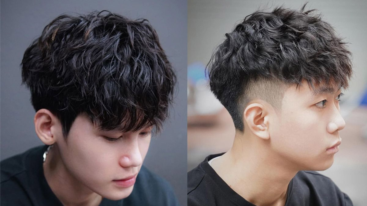 Hai kiểu tóc nam hiện đại với mái tóc xoăn và cắt gọn hai bên, ảnh chụp từ góc nghiêng và chính diện.