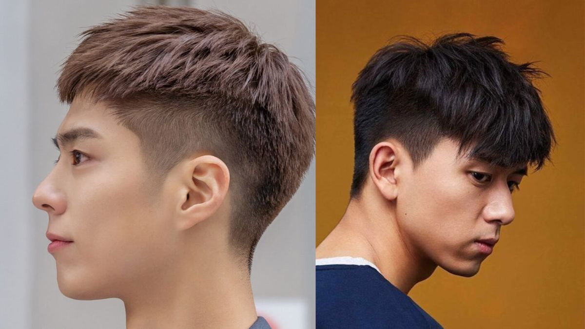 Hai người đàn ông với kiểu tóc undercut, một người tóc nâu và một người tóc đen, nhìn nghiêng.