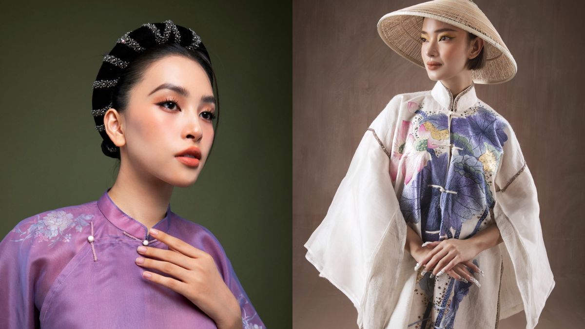 toc-ngan-mac-ao-dai-1 Hai người mặc trang phục truyền thống, người trái mặc áo dài tím, người phải đội nón lá và áo hoa văn.
