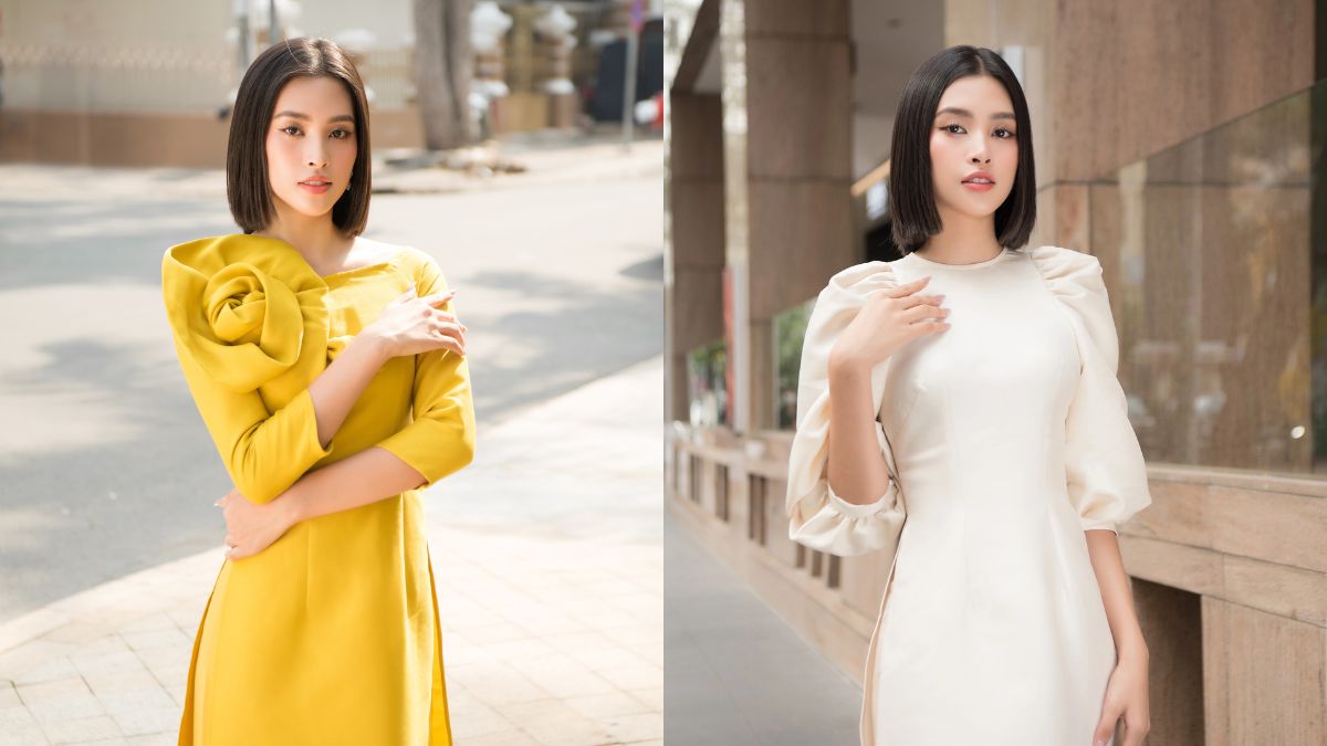 toc-ngan-mac-ao-dai-2 Hai người phụ nữ mặc áo dài, một chiếc màu vàng và một chiếc màu trắng, đứng ngoài trời và trong nhà.