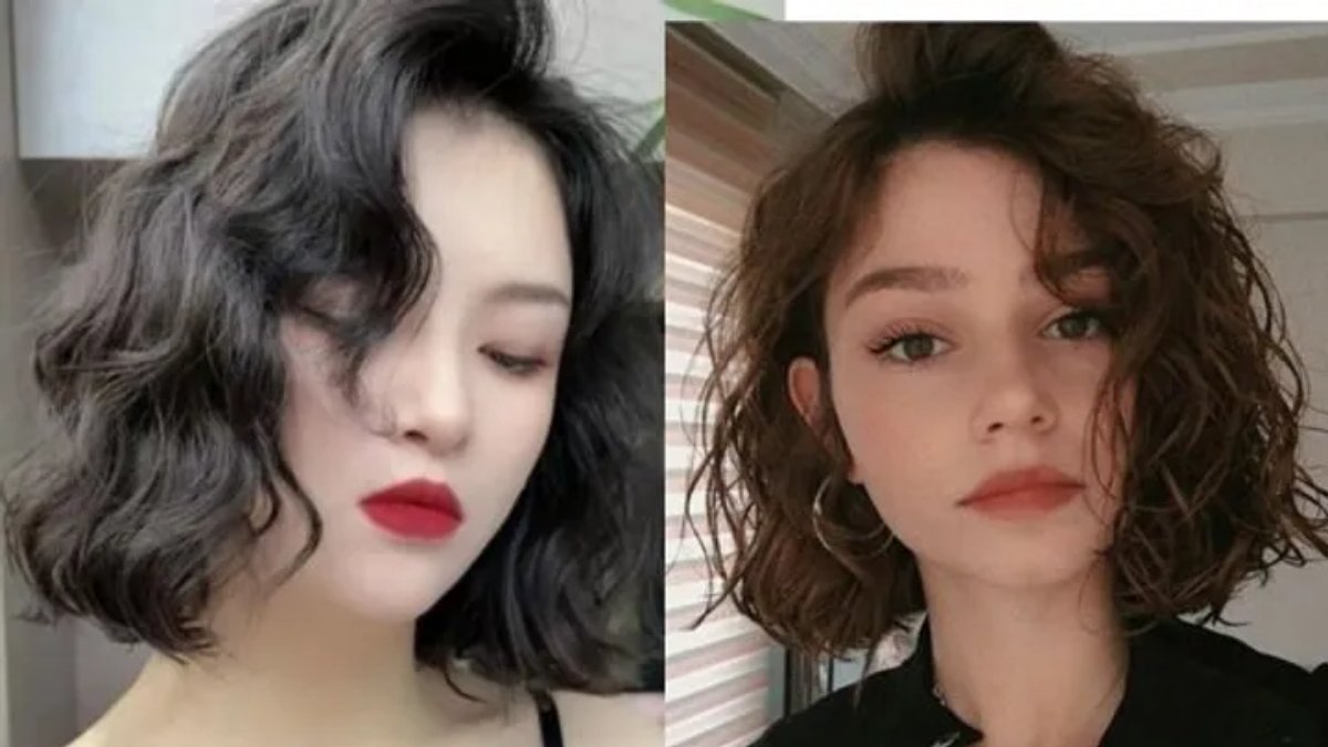 Hai người với kiểu tóc ngắn xoăn; người bên trái tóc đen, người bên phải tóc nâu, trang điểm nhẹ nhàng.