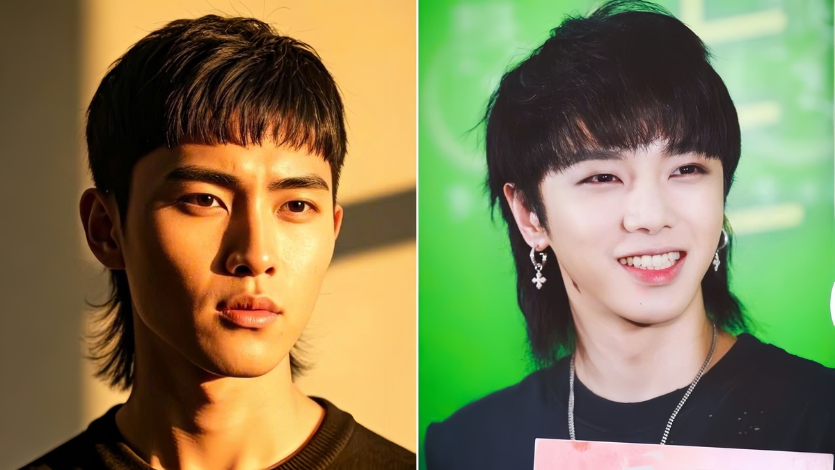 Hai người có kiểu tóc mullet, một người nhìn nghiêng trong ánh sáng tự nhiên, người kia cười với nền xanh.