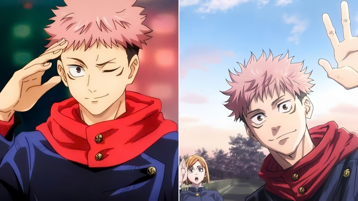 Nhân vật anime với tóc hồng, mặc đồng phục xanh đen và áo choàng đỏ, đang chào và cười tươi.