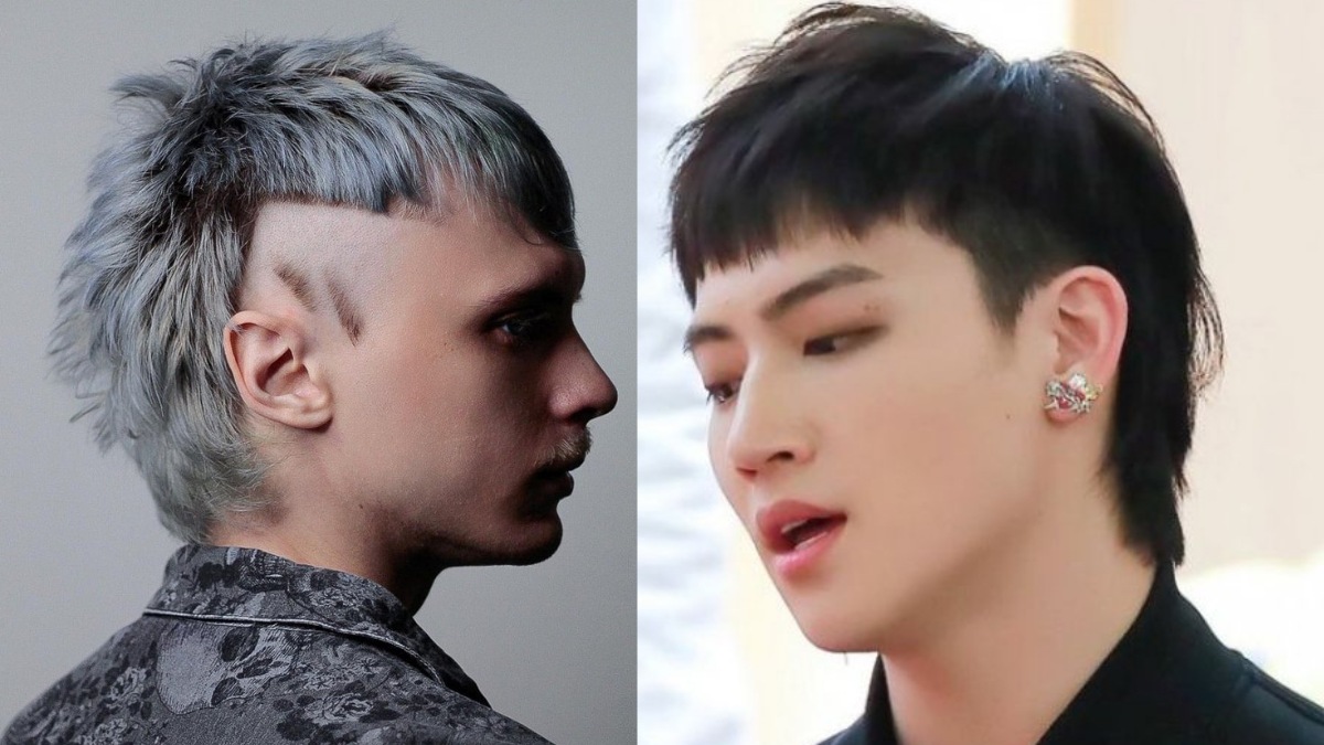 toc-phu-hop-voi-mat-nam-dai-19 Hai người với kiểu tóc mullet khác nhau, một bên tóc bạc và bên kia tóc đen, nhìn nghiêng.