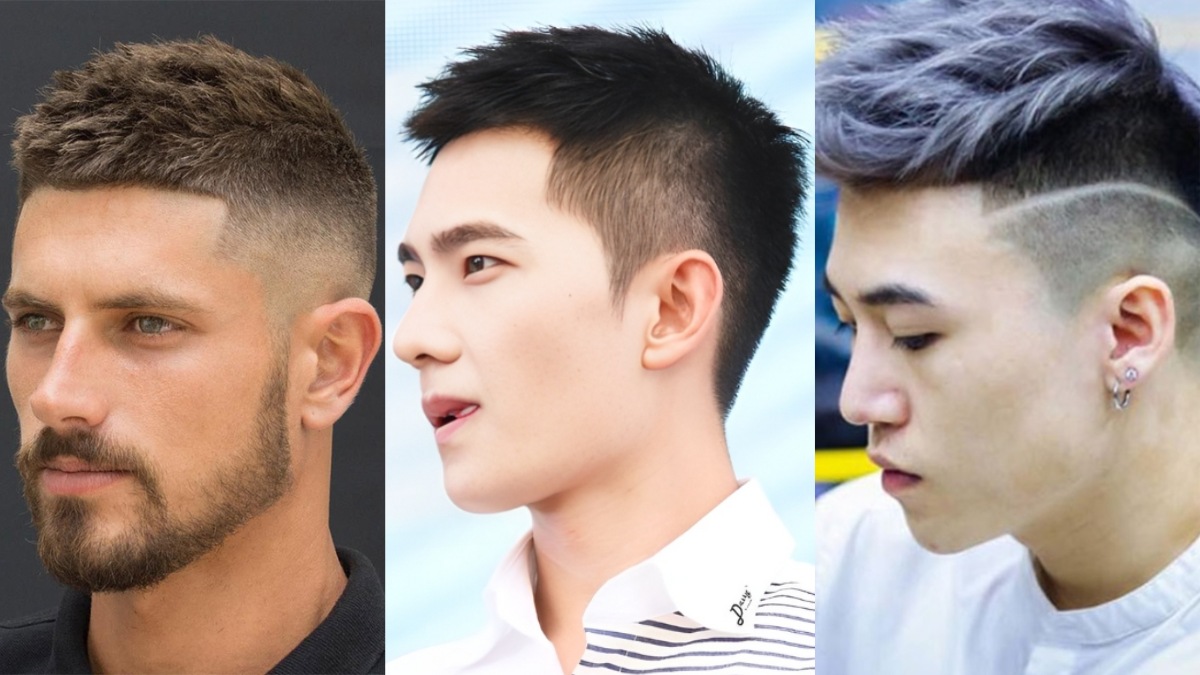 toc-phu-hop-voi-mat-nam-dai-5 Ba người đàn ông với các kiểu tóc khác nhau: cắt ngắn, undercut và nhuộm màu, nhìn nghiêng.