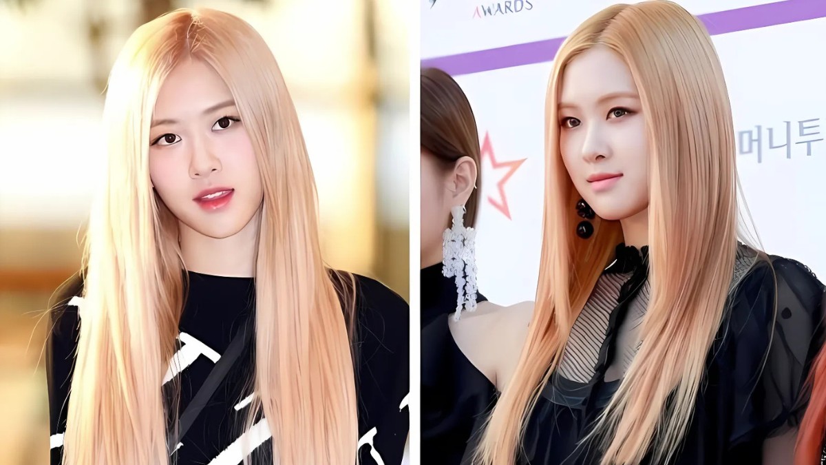 toc-rose-2 Hai người phụ nữ với mái tóc dài màu vàng, mặc trang phục thời trang, đứng trên nền sáng và tối.
