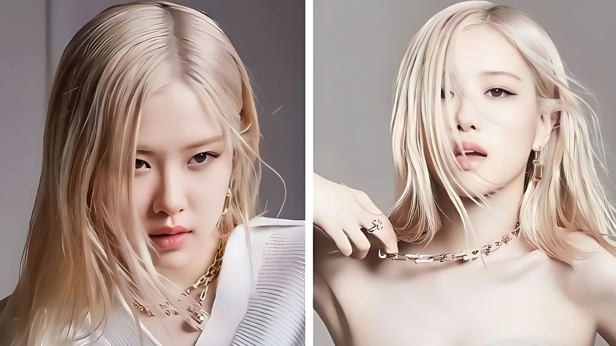 toc-rose-4 Hai bức ảnh ghép của một người với tóc vàng, trang điểm nhẹ, mặc trang phục và đeo trang sức.