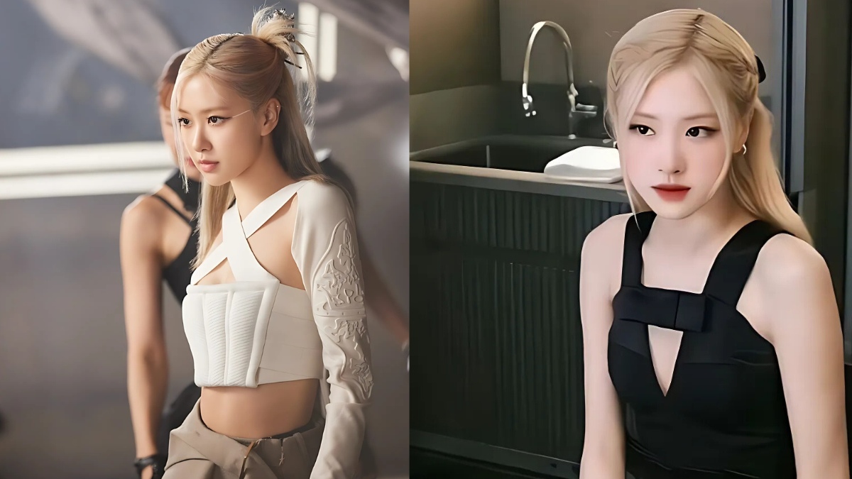 toc-rose-9 Hai người mặc trang phục thời trang, một người áo trắng, người kia áo đen, trong không gian nội thất hiện đại.