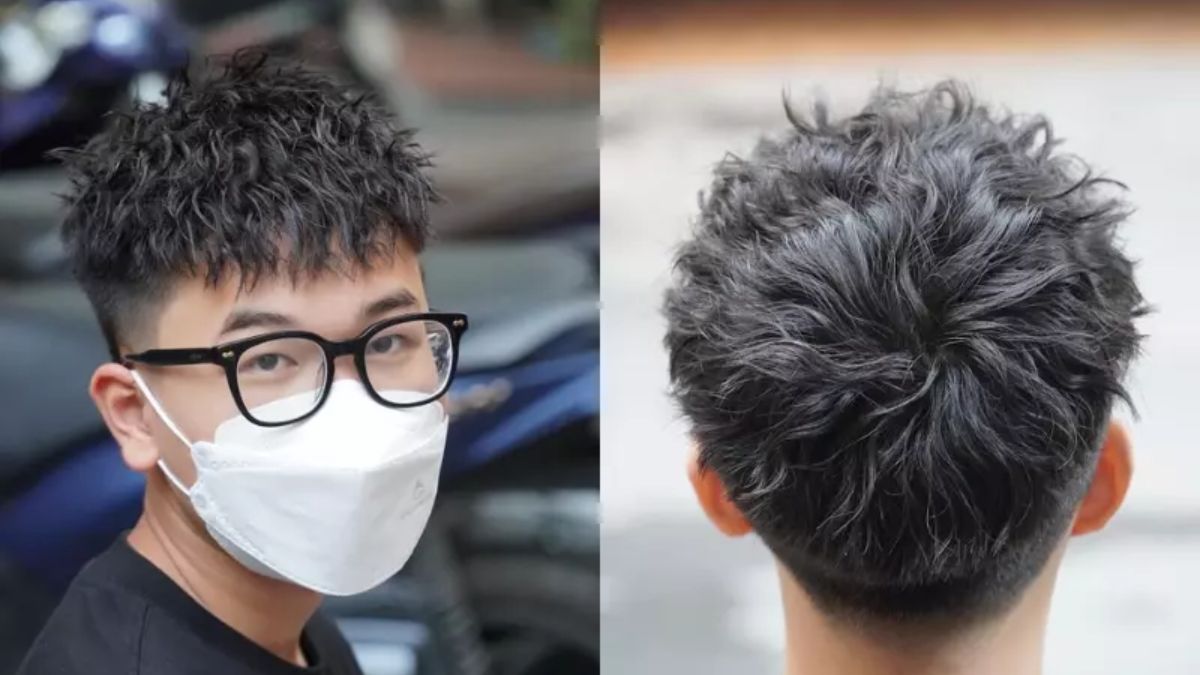 Người đeo kính và khẩu trang, tóc xoăn ngắn, ảnh chụp từ phía trước và phía sau đầu.