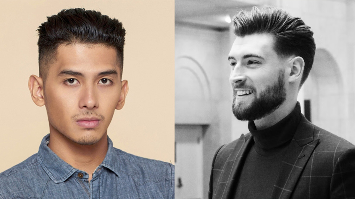 toc-slick-back-1 Hai người đàn ông với kiểu tóc khác nhau, một người mặc áo sơ mi, người kia mặc vest và áo cổ lọ.
