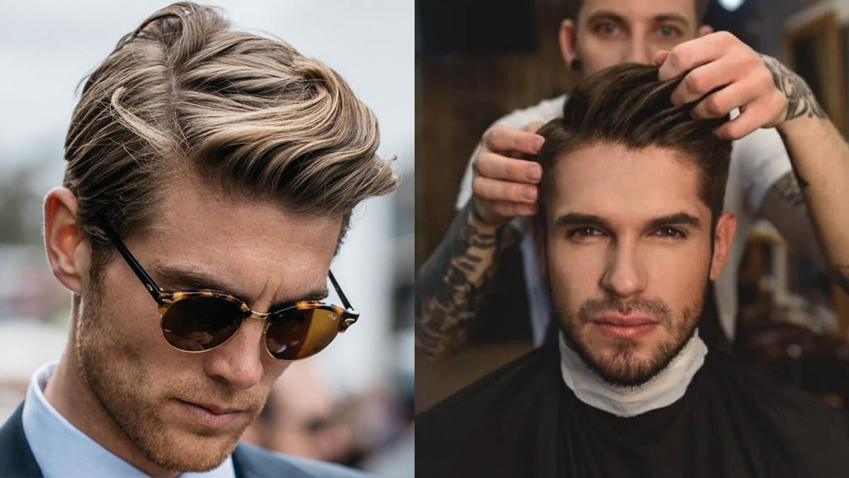 toc-slick-back-3 Hai người đàn ông với kiểu tóc thời trang; một người đeo kính mát, người kia đang được chỉnh tóc trong tiệm.