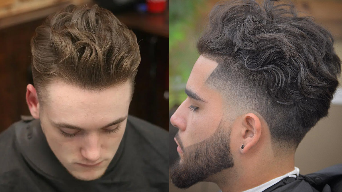 toc-slick-back-7 Hai người đàn ông với kiểu tóc uốn lượn khác nhau, một người nhìn từ trên xuống, người kia nhìn ngang.