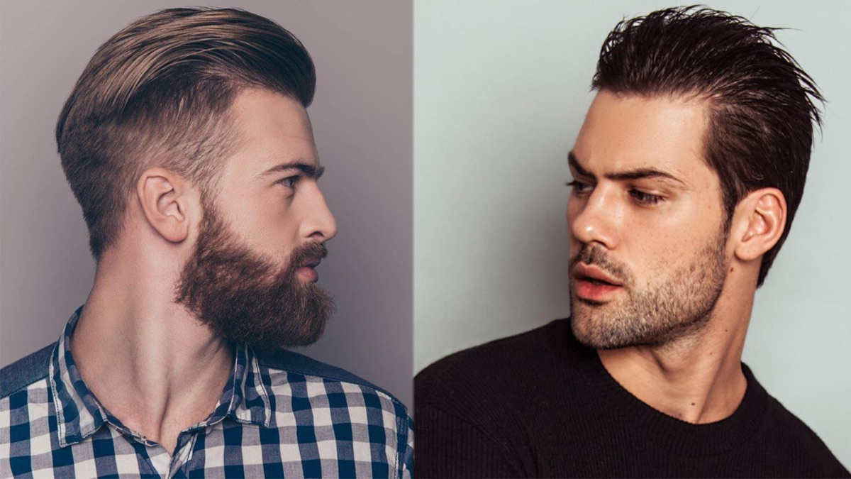 toc-slick-back-9 Hai người đàn ông nhìn về hướng khác nhau; một người có râu và tóc vuốt ngược, người kia tóc ngắn và không râu.