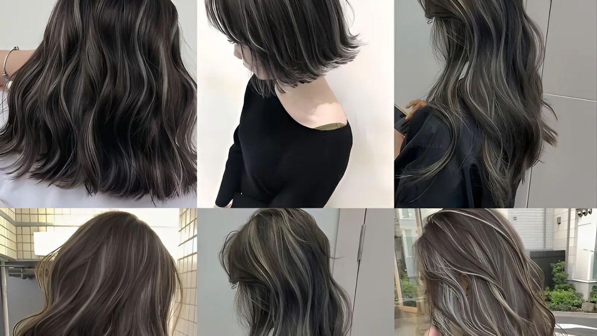 Hình ảnh các kiểu tóc nhuộm màu tối với điểm nhấn sáng, gồm tóc ngắn và dài, chụp từ nhiều góc độ khác nhau.