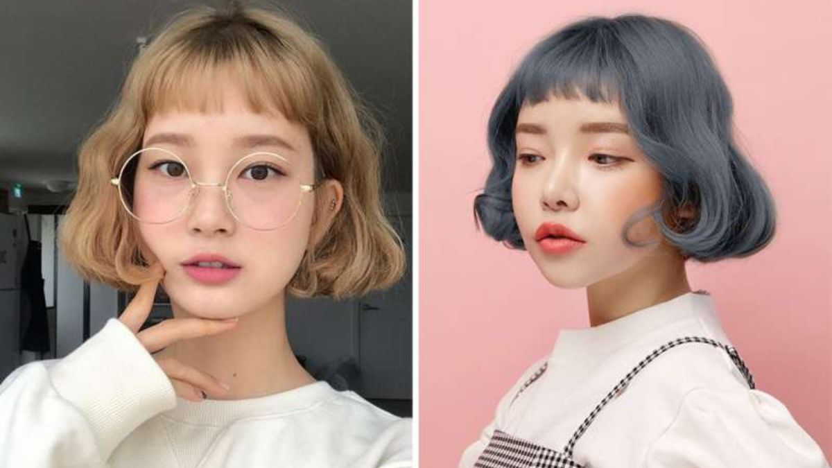 toc-uon-chu-c-16 Hai người với kiểu tóc ngắn, một người đeo kính, tóc vàng; người kia tóc xanh, nền màu hồng.