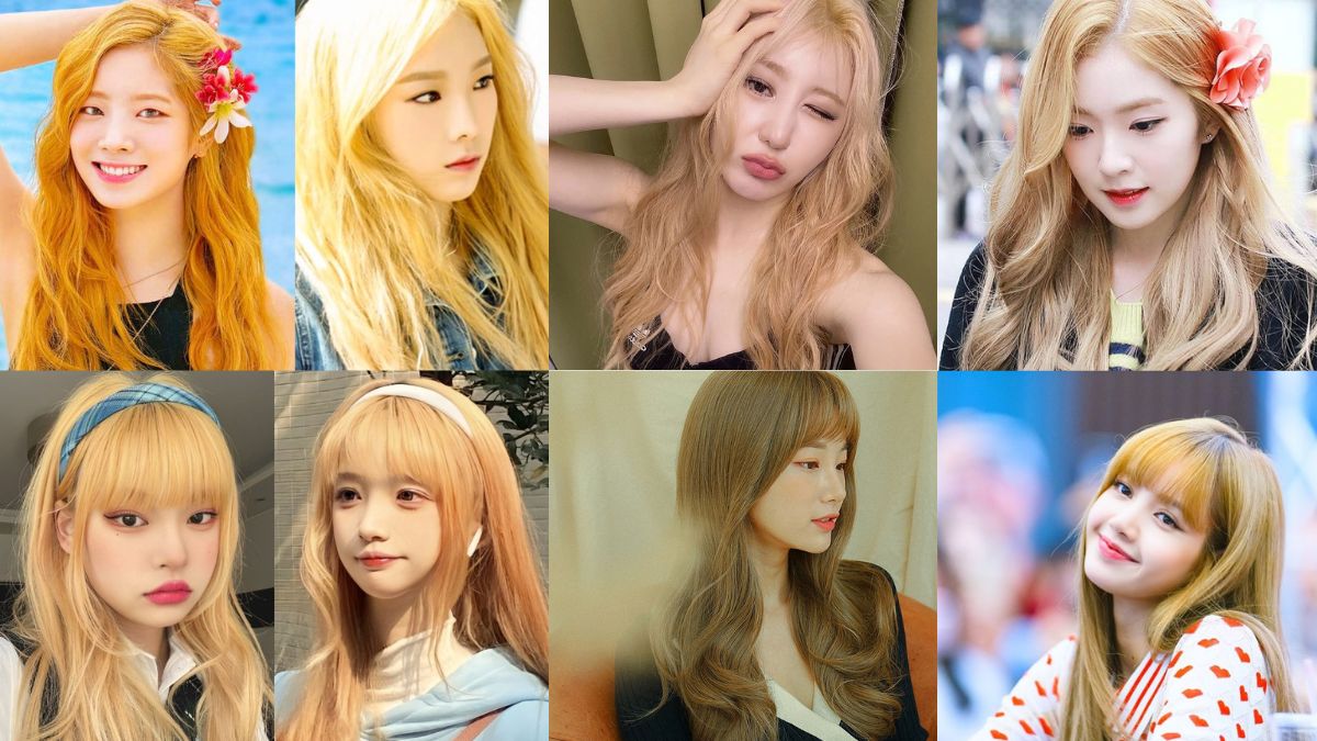 toc-vang-17 Một collage gồm tám người đang tạo dáng, mỗi người có màu tóc sáng và kiểu tóc khác nhau.