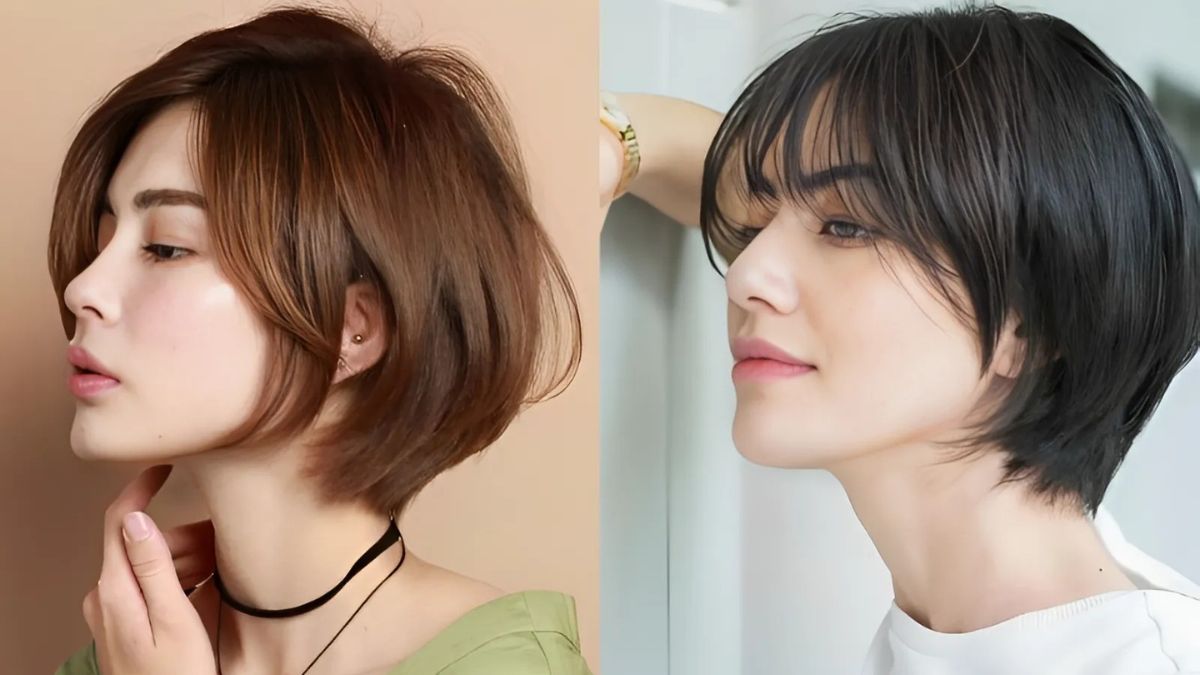 Hai người đang nghiêng đầu, mỗi người có kiểu tóc ngắn khác nhau, nền màu be và trắng.