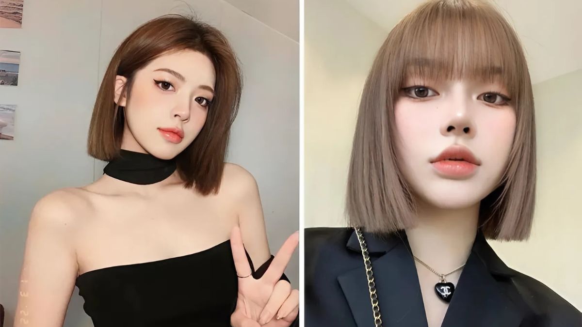 Hai người với tóc ngắn, tạo dáng trong hai bức ảnh riêng biệt, trang phục khác nhau.