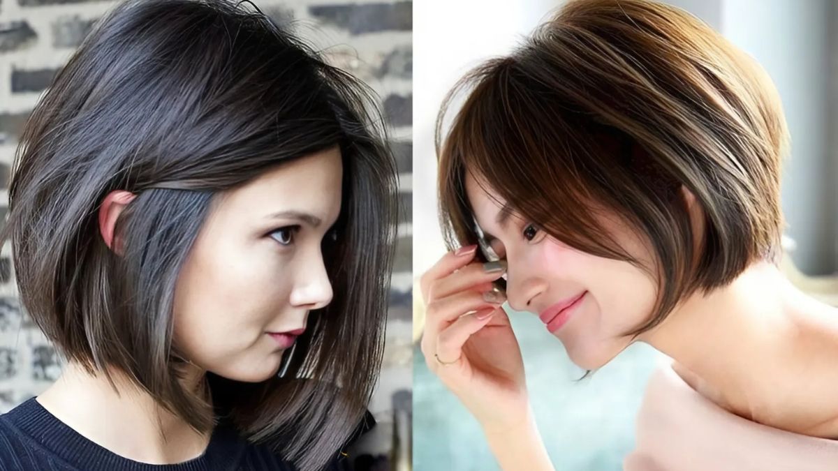 Hai kiểu tóc bob ngắn, một bên màu nâu sẫm và một bên màu nâu sáng, được chụp từ góc nghiêng.