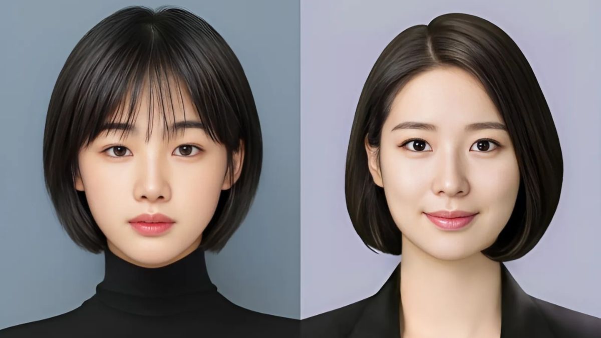 Hai người với tóc ngắn, nhìn thẳng về phía trước, trên nền xám và tím.
