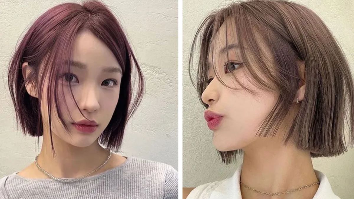 Hai người với kiểu tóc bob ngắn, một người nhuộm màu tím đỏ, người kia màu nâu nhạt, trên nền tường trắng.