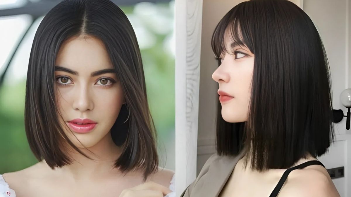 Hai người với tóc ngắn, một nhìn thẳng, một nhìn nghiêng, nền xanh và trắng, thể hiện kiểu tóc hiện đại.