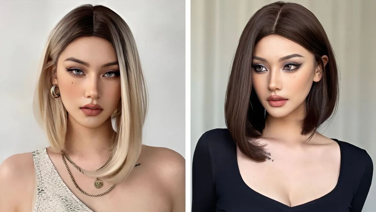 Hai hình ảnh của một người với kiểu tóc ngắn, một bên tóc vàng và một bên tóc nâu, trên nền trung tính.