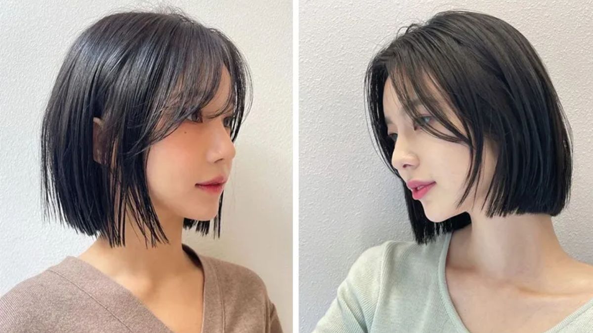 Hai người với kiểu tóc ngắn, nhìn nghiêng, đứng trước nền tường trắng.