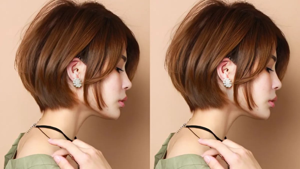 Kiểu tóc bob ngắn với màu nâu sáng, hình chụp từ góc nghiêng và phía sau.