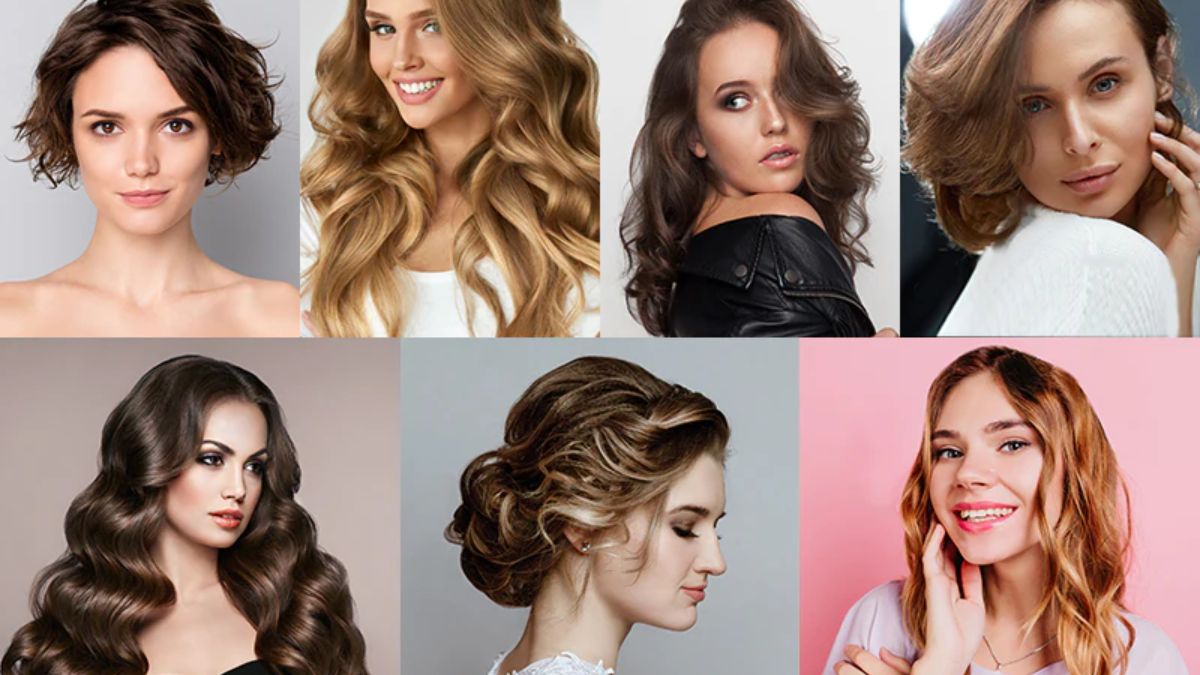 toc-wavy-1 Bảy người phụ nữ với các kiểu tóc khác nhau, từ ngắn đến dài, xoăn và thẳng, trên nền màu sắc đa dạng.