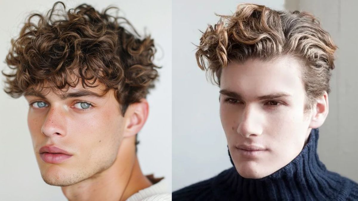 toc-wavy-11 Hai người với kiểu tóc xoăn, một người mặc áo sáng màu, người kia mặc áo tối màu, nhìn về phía trước.