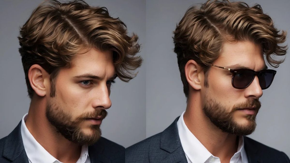toc-wavy-12 Hai bức chân dung của một người đàn ông với kiểu tóc xoăn, một bức đeo kính râm, mặc áo vest.