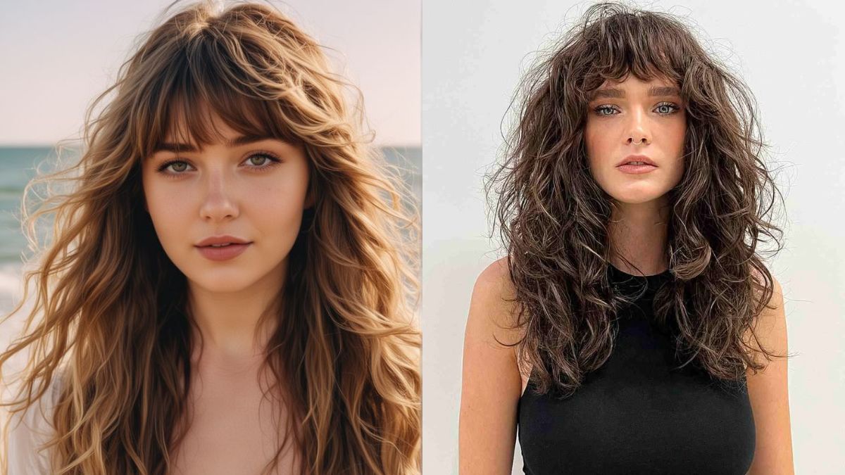 toc-wavy-21 Hai người phụ nữ với mái tóc xoăn dài, một người đứng trước biển và người kia trên nền trắng.
