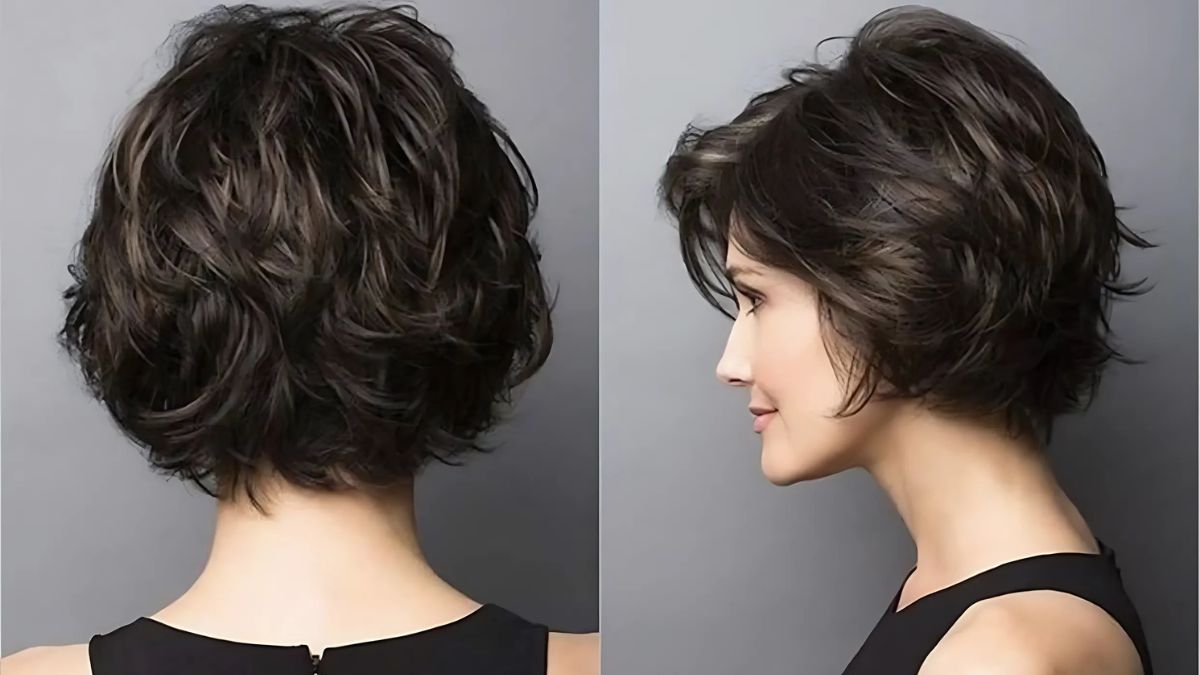 toc-wavy-22 Kiểu tóc ngắn xoăn bồng bềnh, nhìn từ phía sau và bên cạnh, trên nền màu xám.