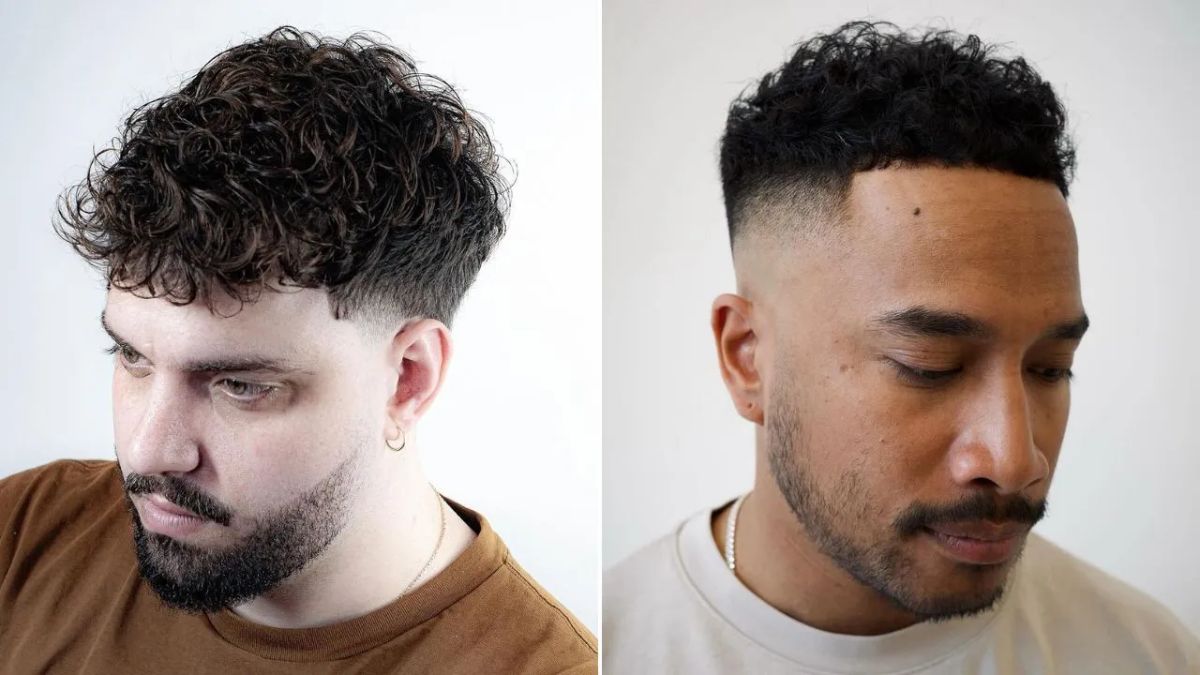 toc-wavy-6 Hai người đàn ông với kiểu tóc ngắn hiện đại, một bên tóc xoăn và bên kia tóc cắt sát hai bên.