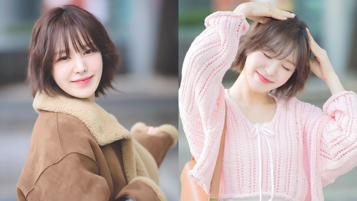 toc-wendy-2 Người phụ nữ tóc ngắn mặc áo khoác lông nâu bên trái và áo len hồng bên phải, cười tươi ngoài trời.