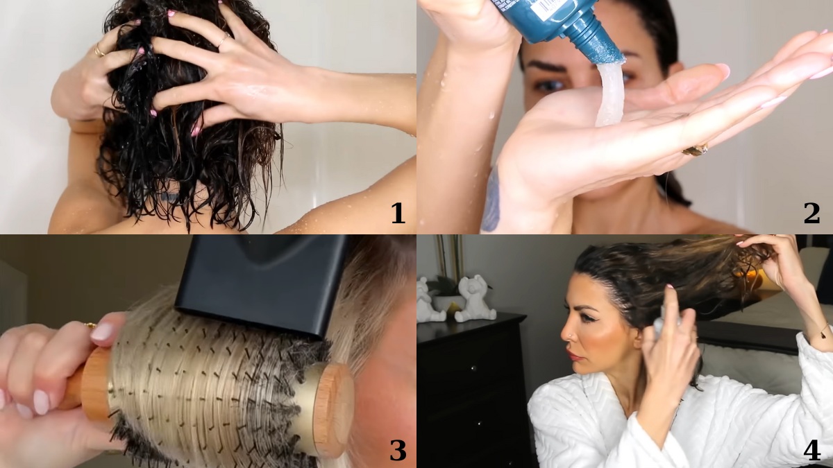 toc-wendy-5 Quá trình chăm sóc tóc: gội đầu, sử dụng sản phẩm, sấy tóc bằng lược tròn, và chải tóc sau khi khô.