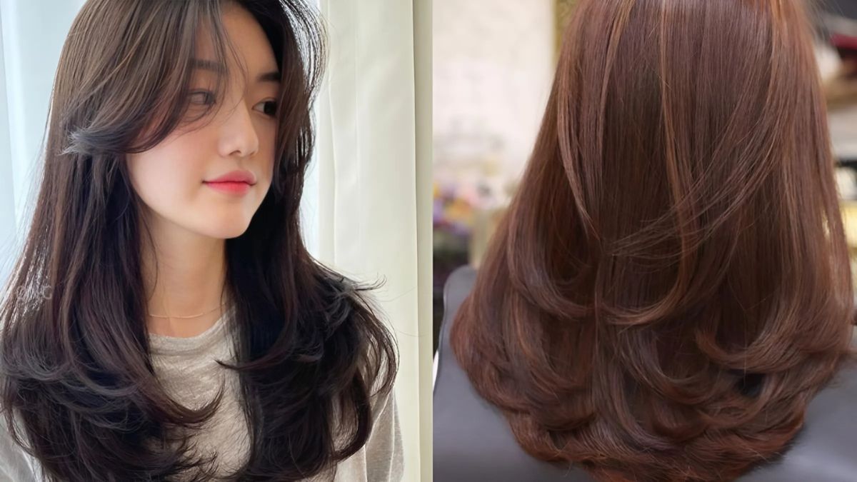 Một người có tóc dài, màu nâu sẫm, được tạo kiểu bồng bềnh, ảnh chụp từ phía trước và phía sau.