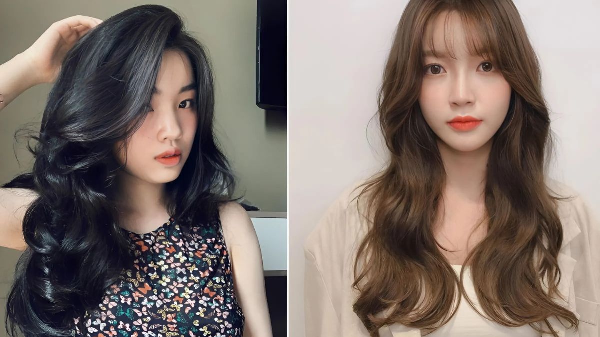 Hai phụ nữ với kiểu tóc dài, một người tóc đen uốn lọn, một người tóc nâu gợn sóng, nền màu trung tính.