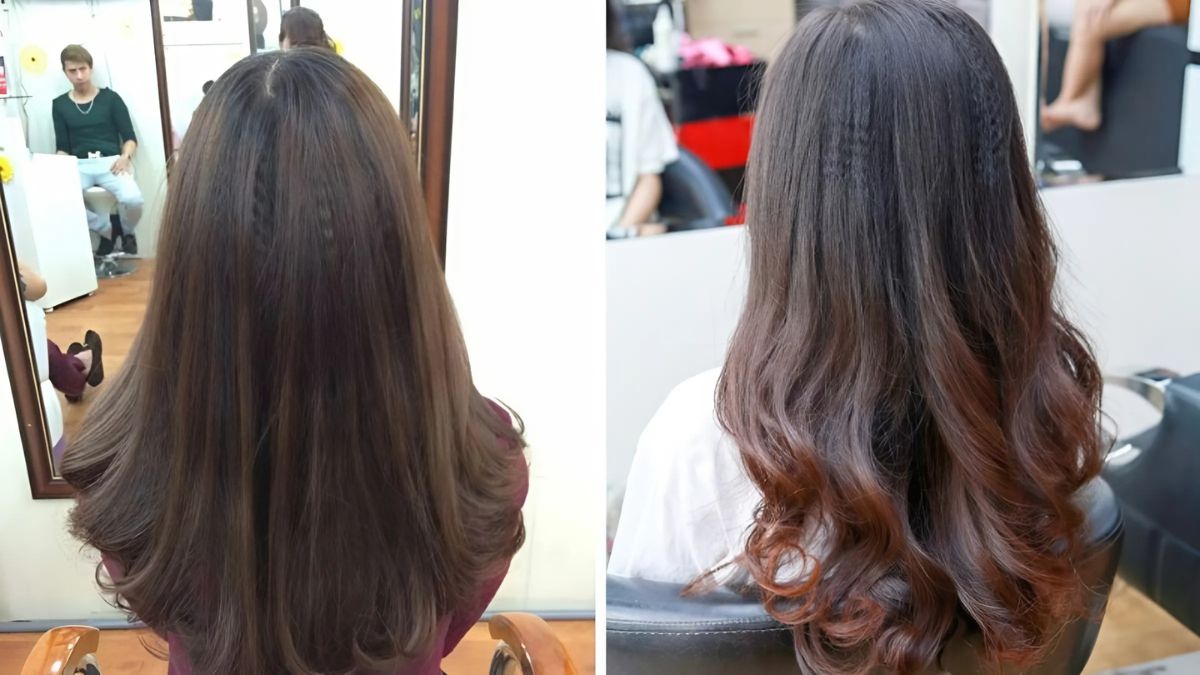 Hình ảnh trước và sau khi làm tóc, thể hiện sự thay đổi từ tóc thẳng sang tóc xoăn nhẹ, chụp từ phía sau.
