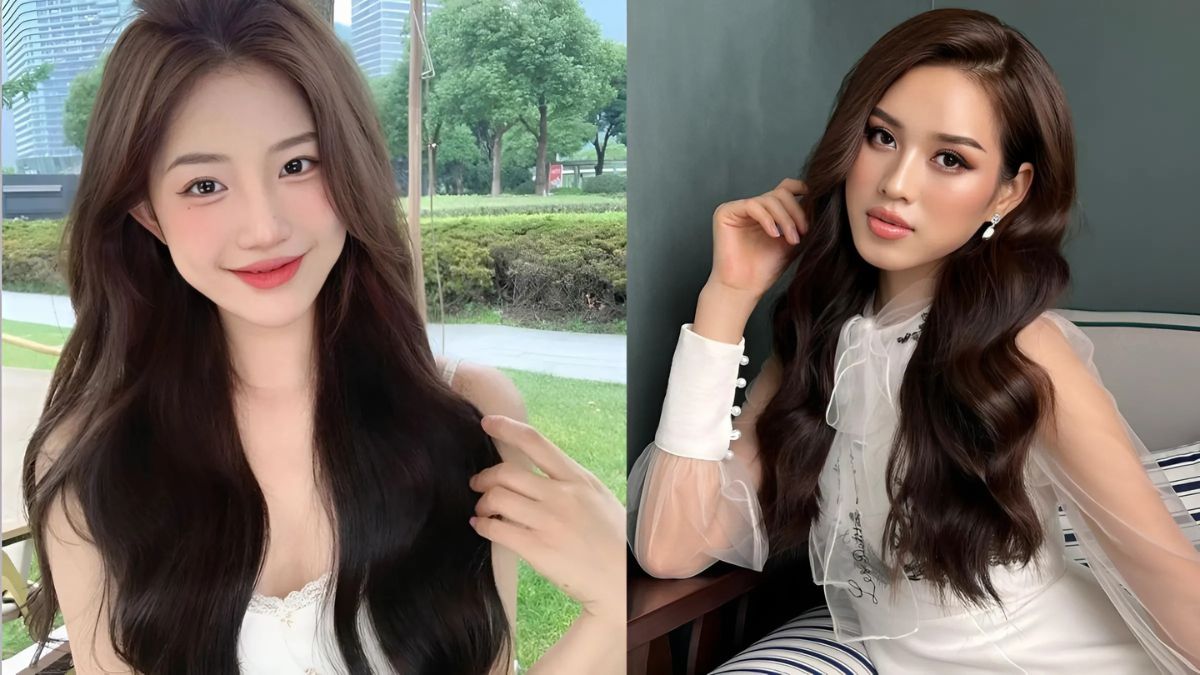 Hai người phụ nữ với mái tóc dài, mặc trang phục thanh lịch, ngồi trong hai bối cảnh khác nhau.