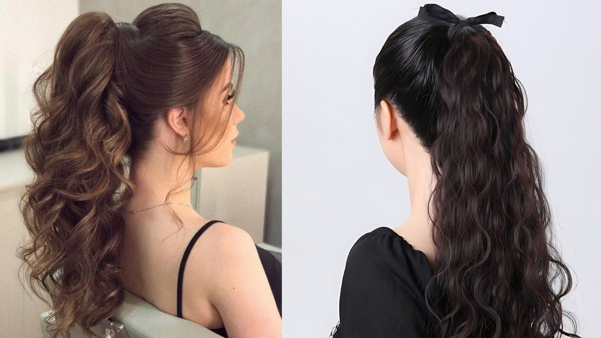 Hai kiểu tóc đuôi ngựa xoăn, một bên màu nâu sáng và một bên màu đen, nhìn từ phía sau.