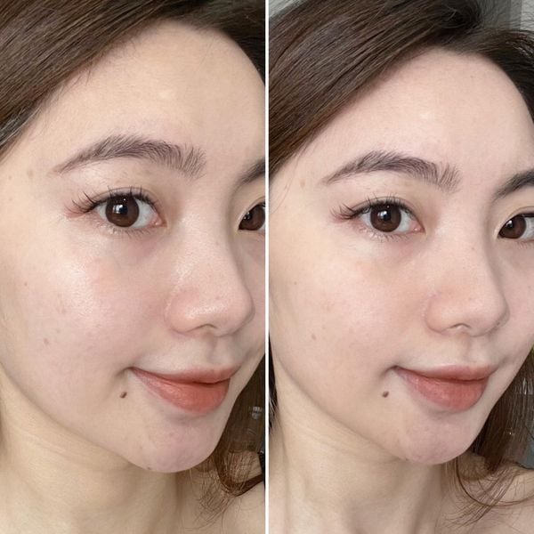 Hình ảnh hai bức chân dung cận mặt của một người, thể hiện sự khác biệt trước và sau trang điểm.