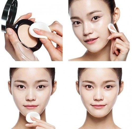 Bốn hình ảnh minh họa quá trình sử dụng phấn trang điểm trên khuôn mặt với bông phấn.